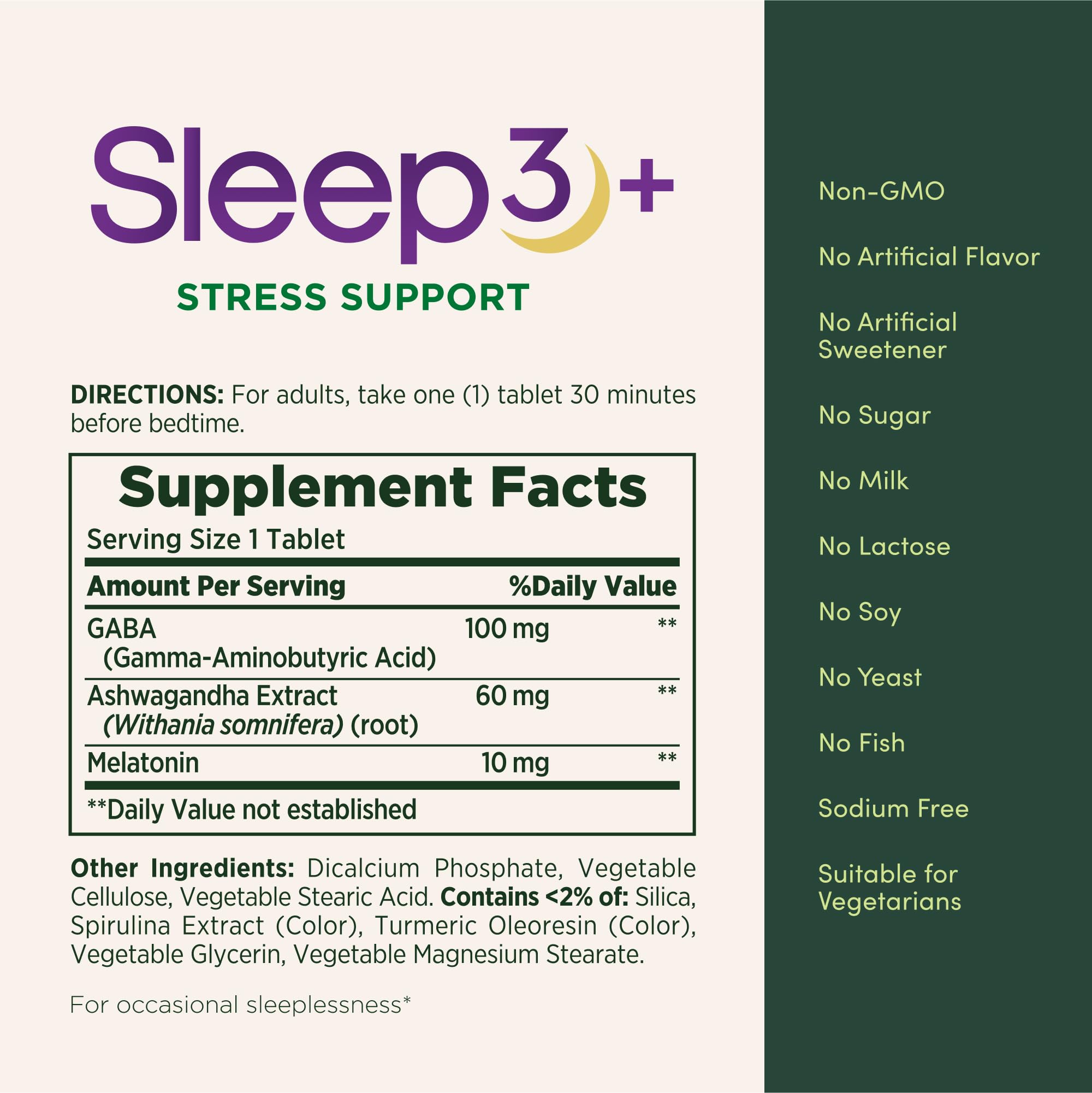 Ingredients label featuring Ashwagandha and melatonin for calm mood support.