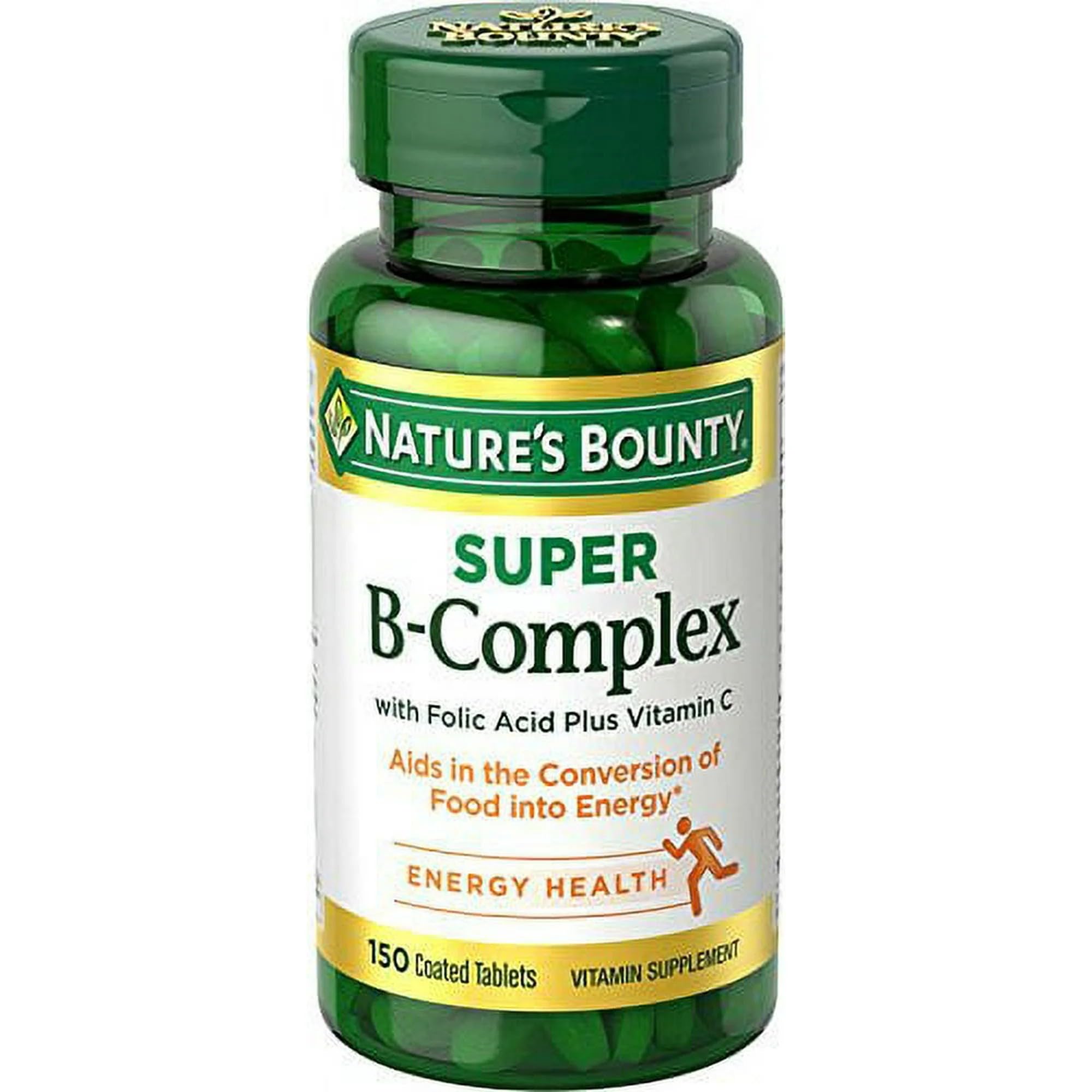 Nature's Bounty Super B-Complex label close-up highlighting B vitamins and vitamin C for immune support