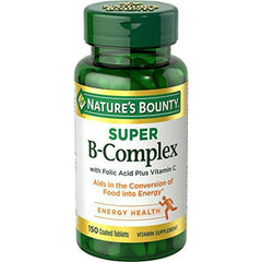 Nature's Bounty Super B-Complex label close-up highlighting B vitamins and vitamin C for immune support