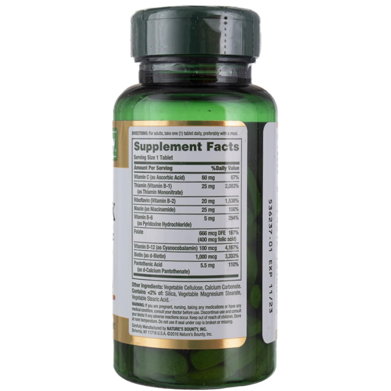 Nature's Bounty Super B Complex label close-up with Vitamin C and Folic Acid details