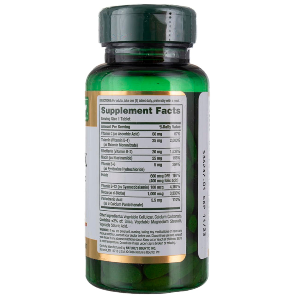 Nature's Bounty Super B Complex label close-up with Vitamin C and Folic Acid details