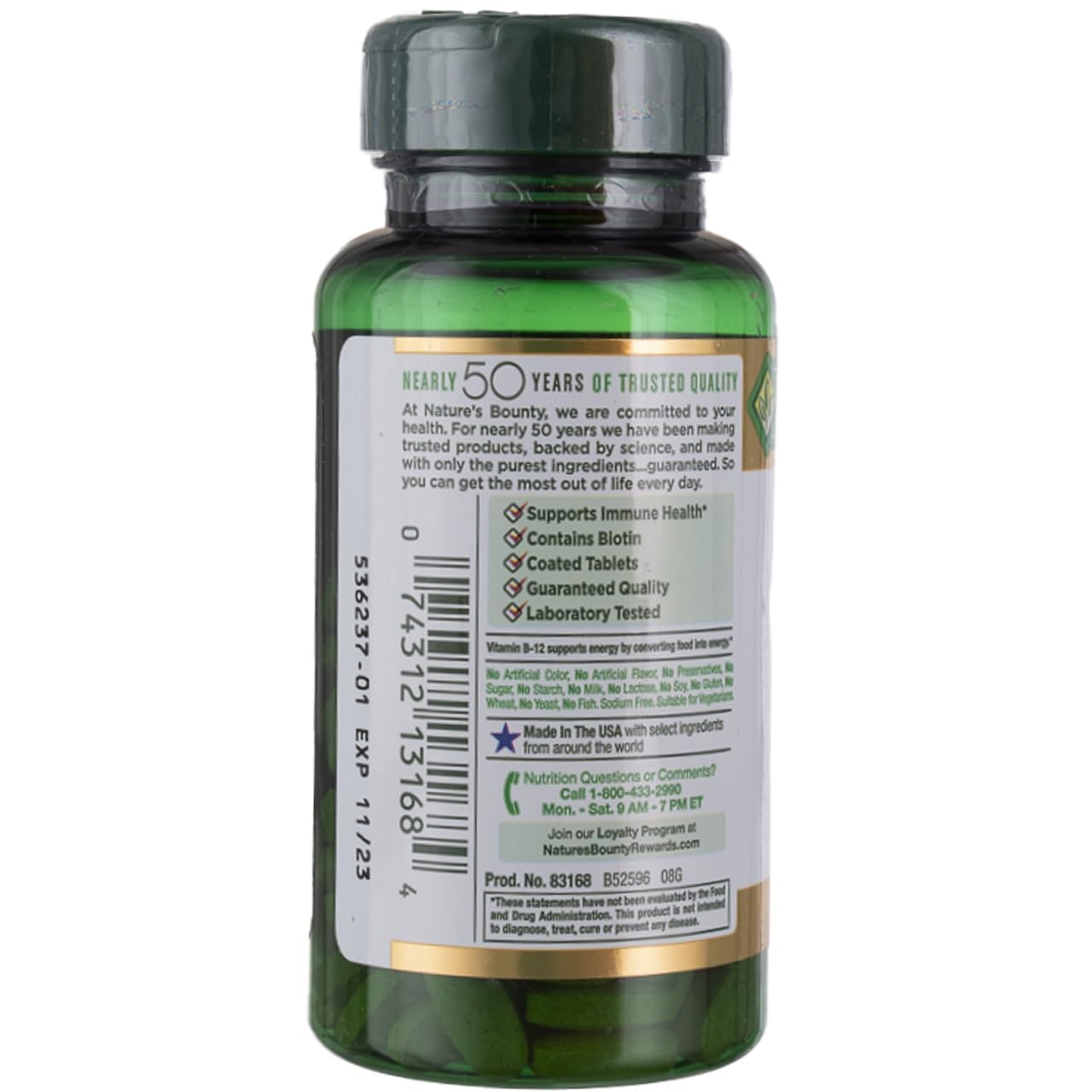 Nature's Bounty Super B Complex pack 2 back view highlighting vegetarian, gluten-free features