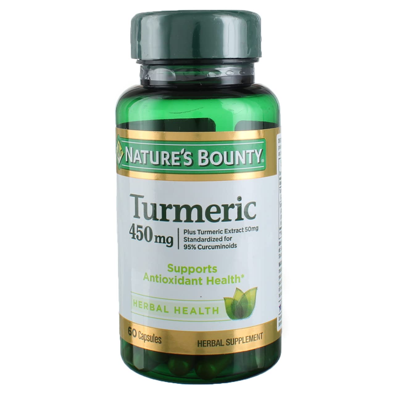 Nature's Bounty Turmeric 450 mg bottle with capsules for daily antioxidant support.