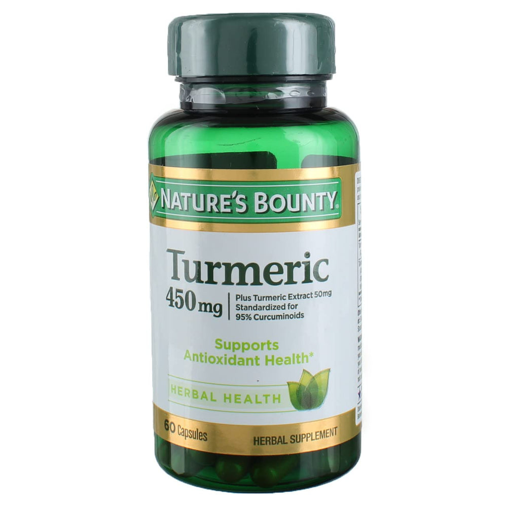 Nature's Bounty Turmeric 450 mg bottle with capsules for daily antioxidant support.