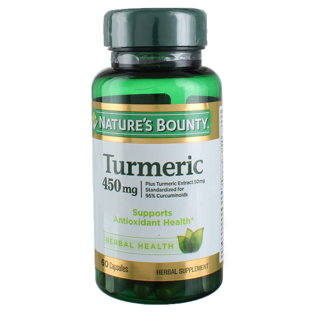 Nature's Bounty Turmeric 450 mg bottle with capsules for daily antioxidant support.