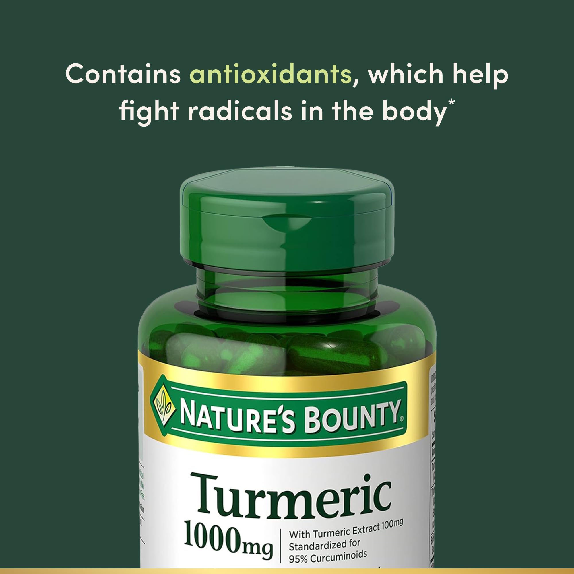 Nature's Bounty turmeric capsules side view for daily use