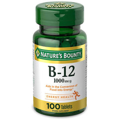 Close-up of Nature's B-12 tablets showing easy-swallow coating.