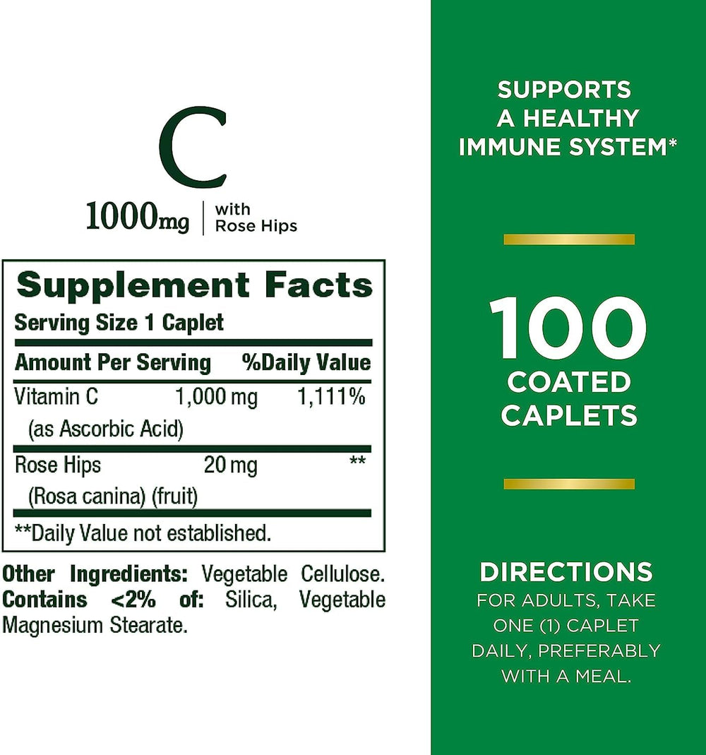 Nutrition label on bottle showing 1000 mg per caplet.
