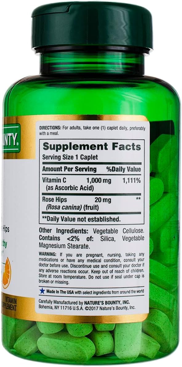 Nature's Bounty Vitamin C + Rose Hips label highlights 1000 mg and rose hips.