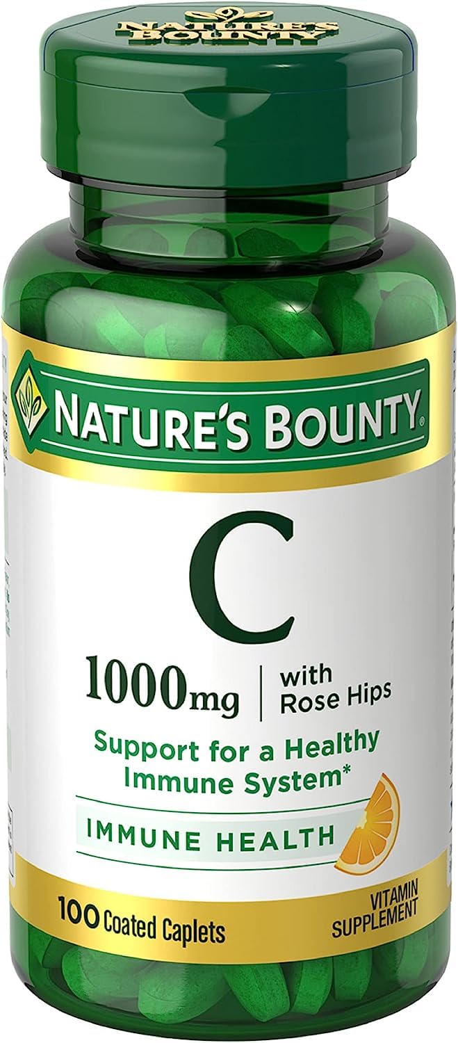 Nature's Bounty Vitamin C 1000 mg + Rose Hips bottle front, two-pack, daily immune support.