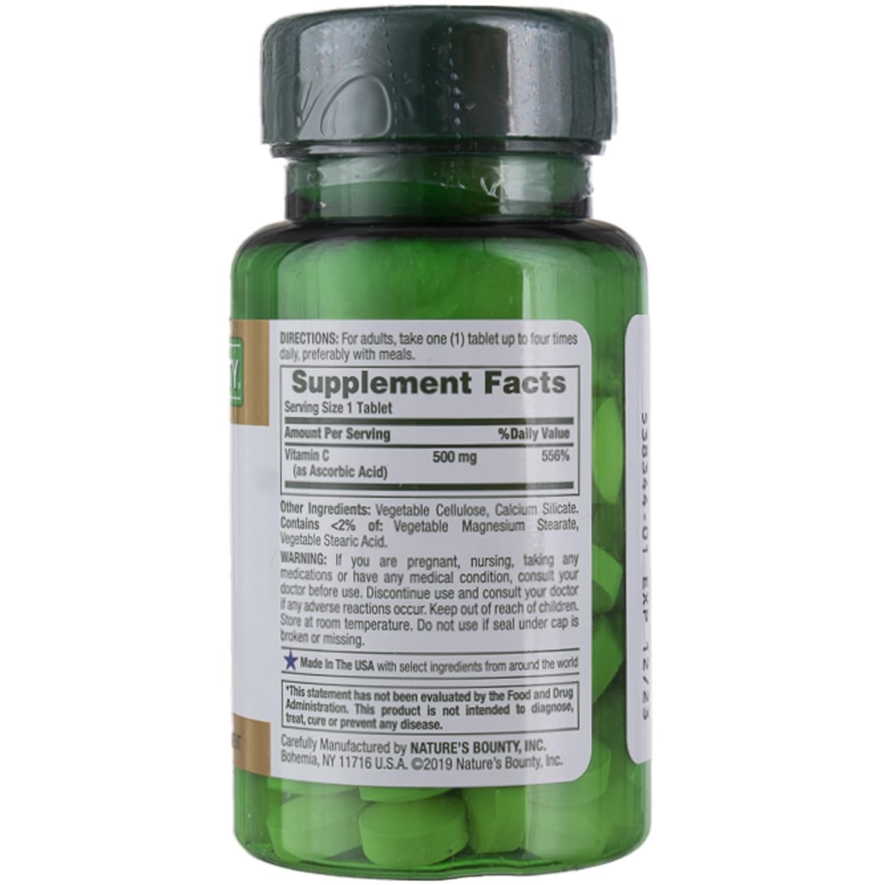 Close-up of Nature's Bounty Vitamin C 500mg tablets