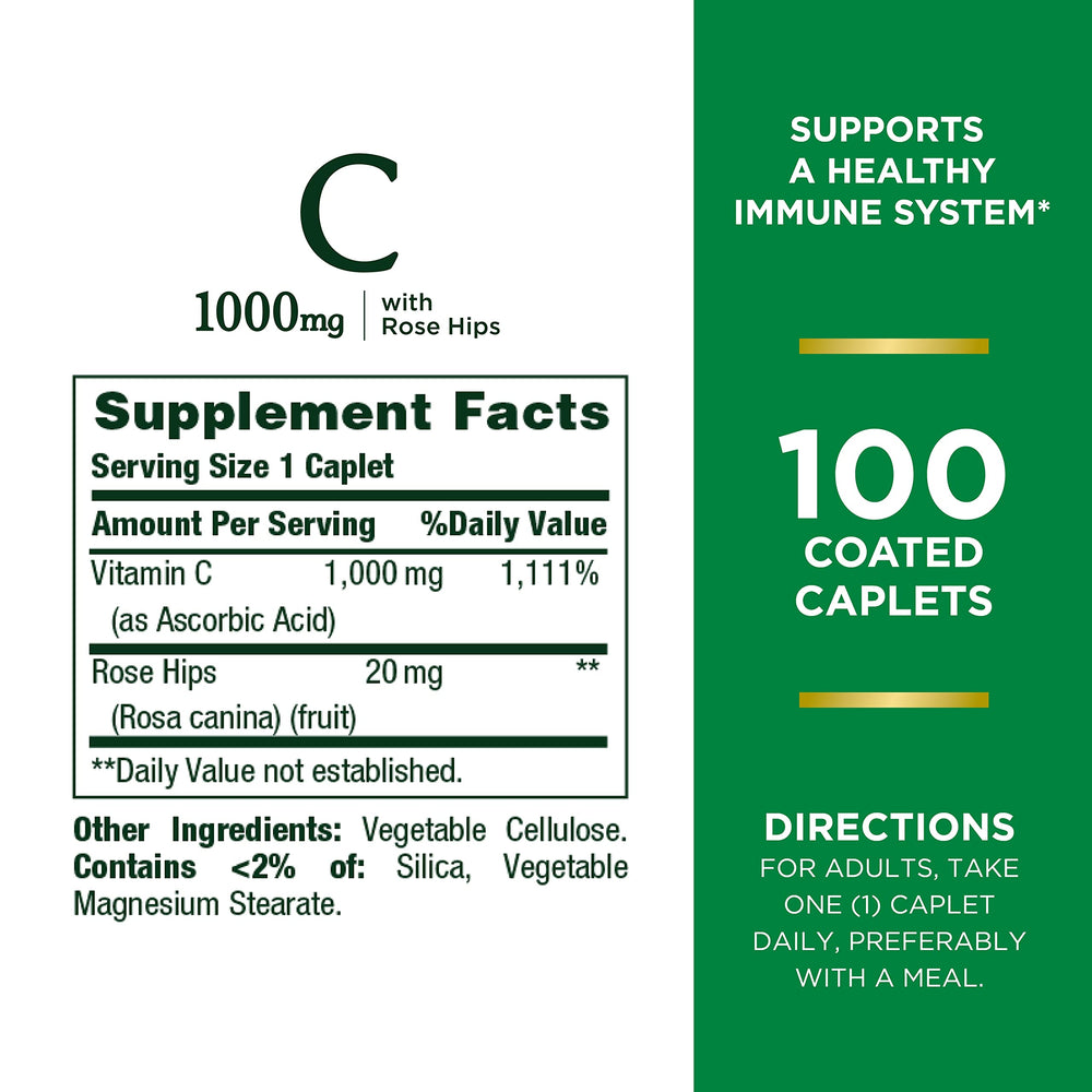 Nature's Bounty Vitamin C plus Rose Hips pack showing 1000 mg antioxidant caplets.