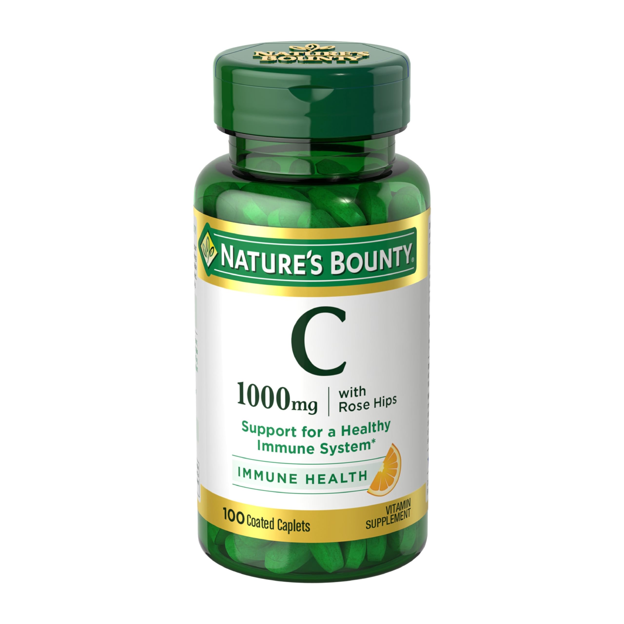 Nature's Bounty Vitamin C Plus Rose Hips caplets on bottle for immune support.