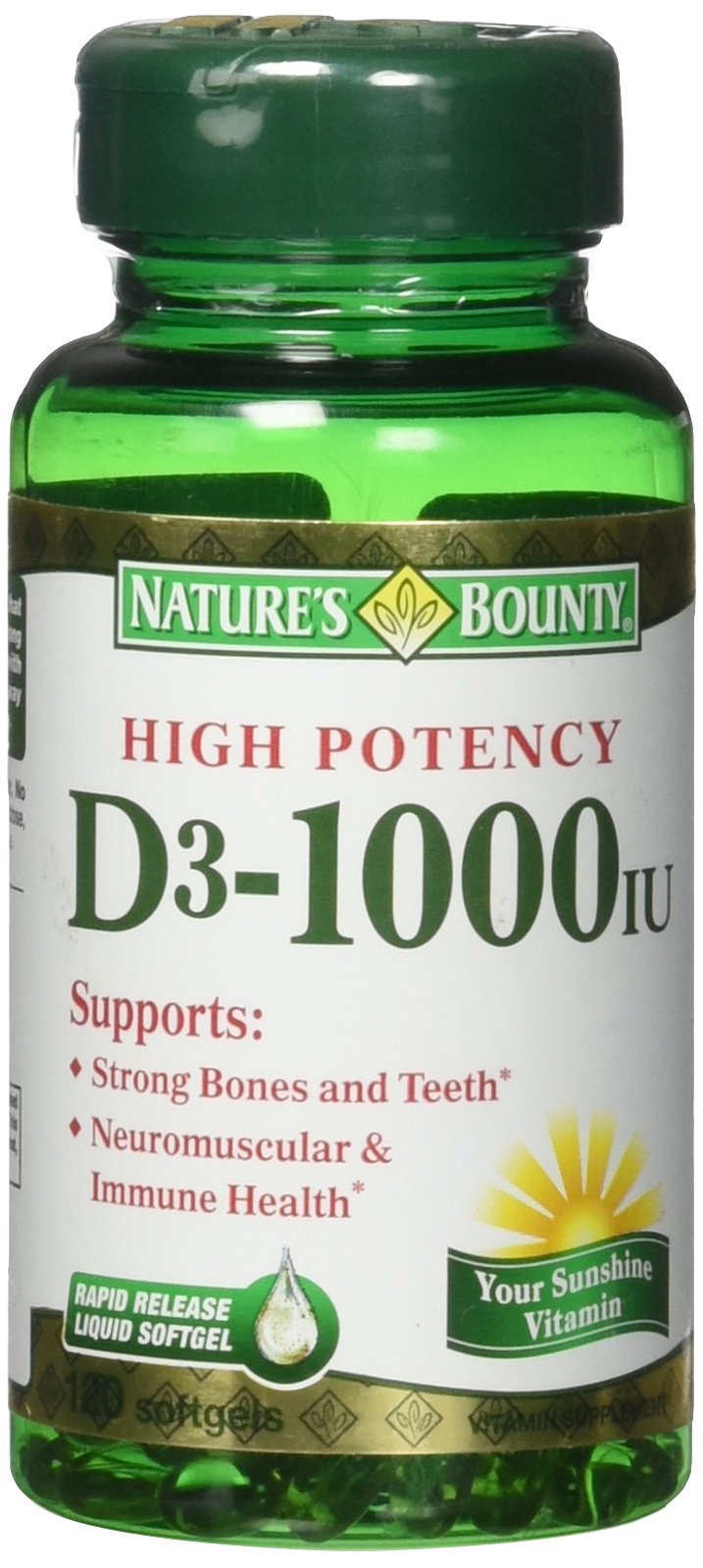 Nature's Bounty Vitamin D3 1000 IU softgels on bottle, promoting immune support and bone health.