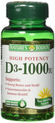 Nature's Bounty Vitamin D3 1000 IU softgels on bottle, promoting immune support and bone health.