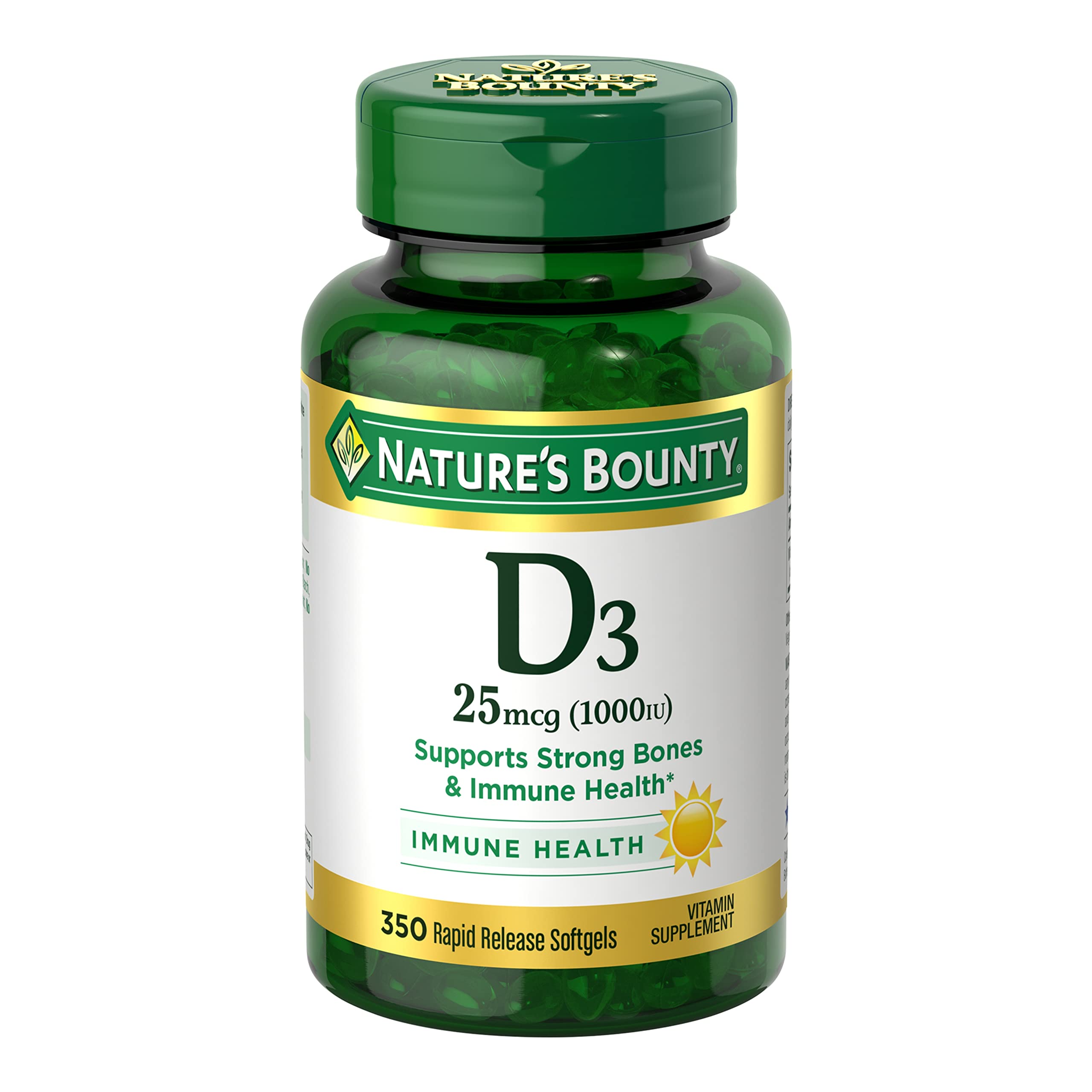 Nature's Bounty Vitamin D3 softgels bottle front highlighting 1000 IU for immune support.