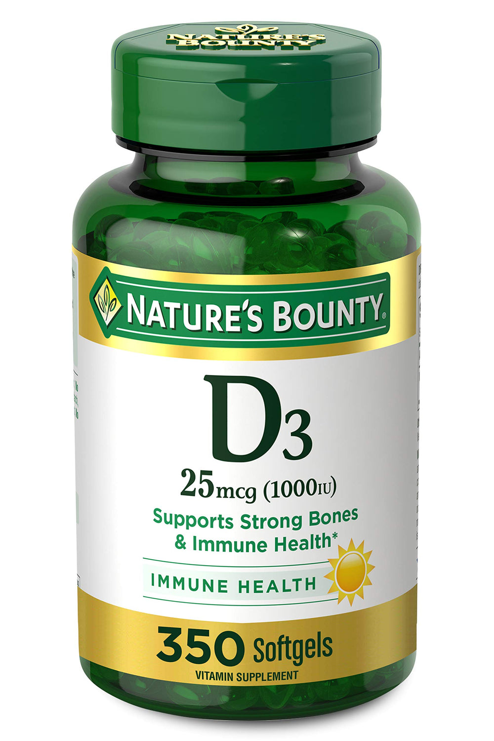 Nature's Bounty Vitamin D3 1000 IU softgels bottle supports daily bone health.