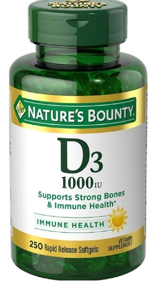 Nature's Bounty Vitamin D3 1000 IU softgels bottle, showcasing immune support and bone health.