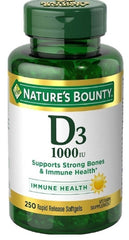 Nature's Bounty Vitamin D3 1000 IU softgels bottle, showcasing immune support and bone health.