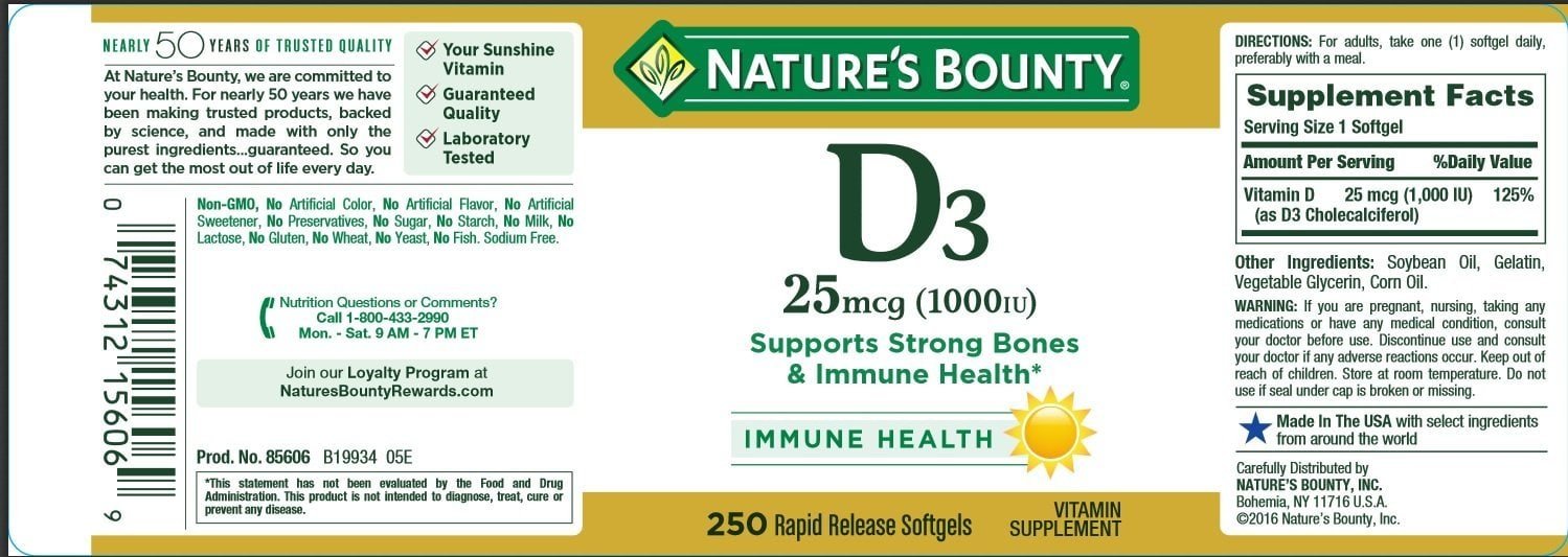 Nature's Bounty Vitamin D3 1000 IU softgels pack front showing year-round vitamin D support.