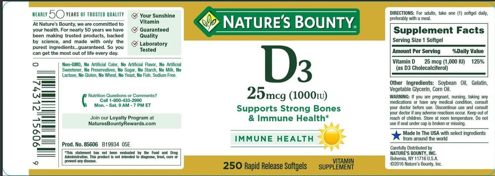 Nature's Bounty Vitamin D3 1000 IU softgels pack front showing year-round vitamin D support.