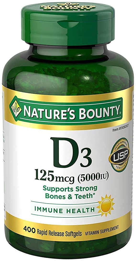 Nature's Bounty Vitamin D3 5000 IU bottle with rapid-release softgels for daily immune support.
