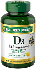 Nature's Bounty Vitamin D3 5000 IU bottle with rapid-release softgels for daily immune support.