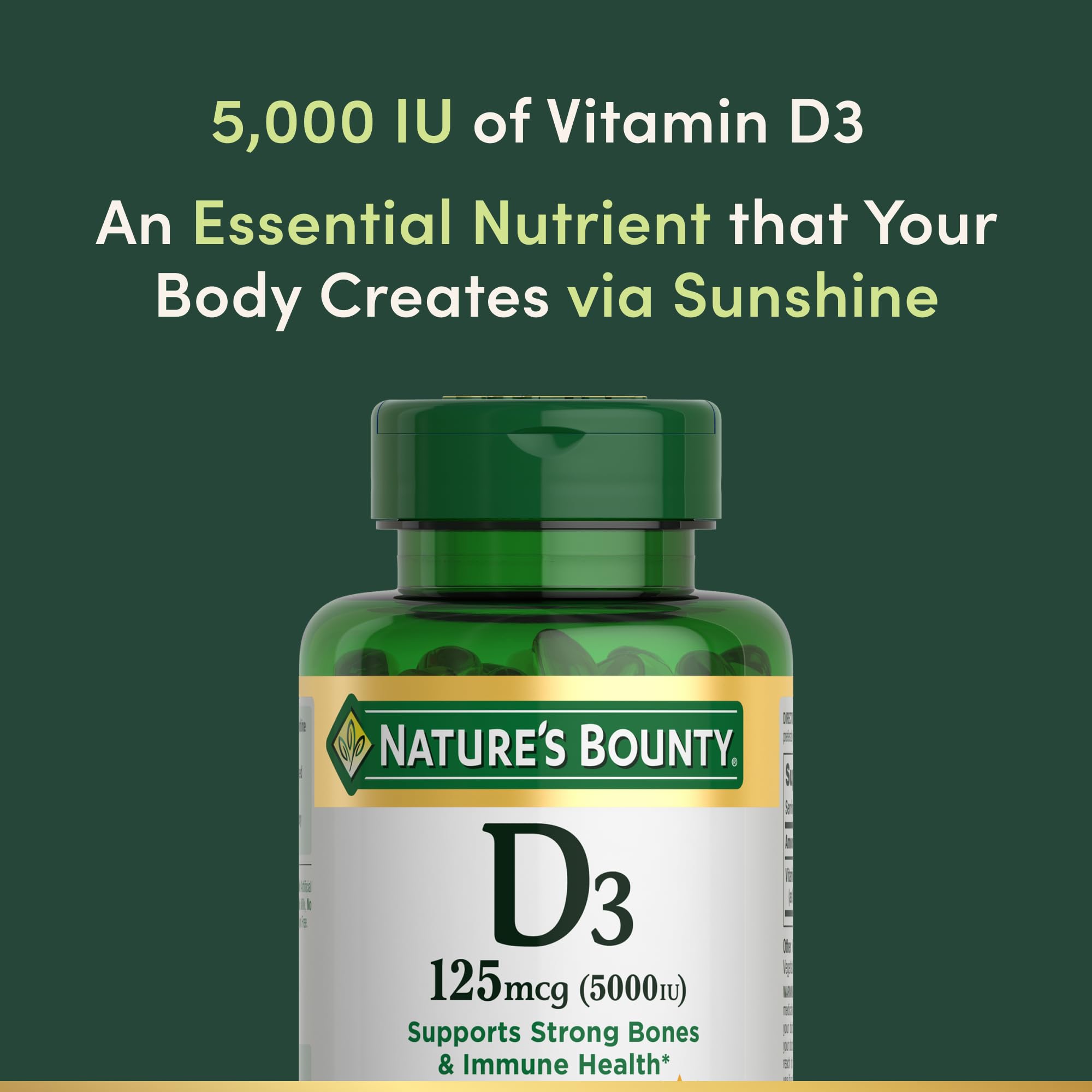 Nature's Bounty Vitamin D3 label detail highlighting non-GMO and gluten-free claims.