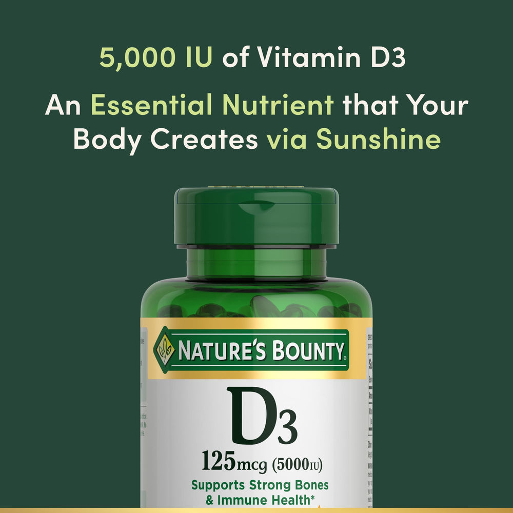 Nature's Bounty Vitamin D3 label detail highlighting non-GMO and gluten-free claims.