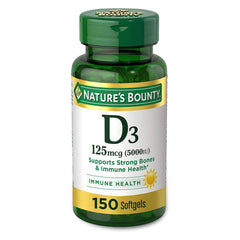 Nature's Bounty Vitamin D3 softgels back label shows ingredients and bone-support potency.