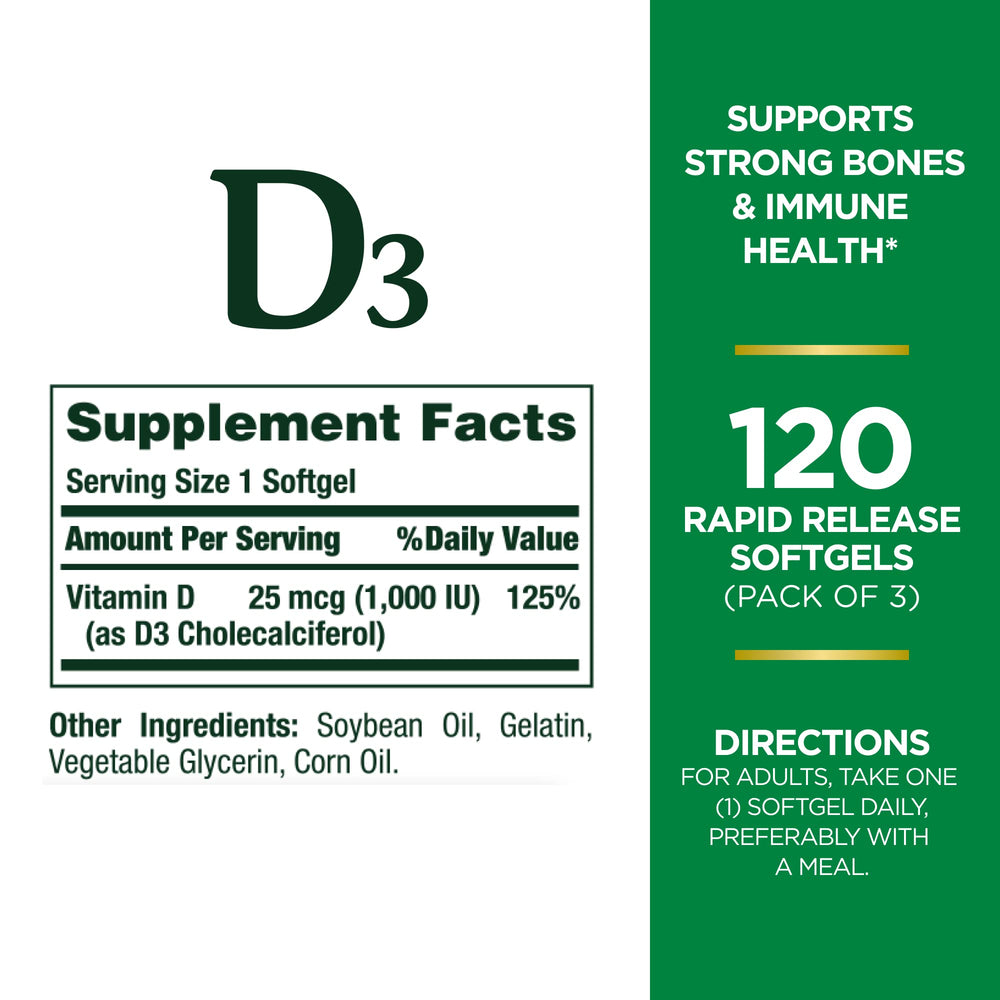 Close-up of Nature's Bounty D3 bottle label highlighting 1000IU dosage.
