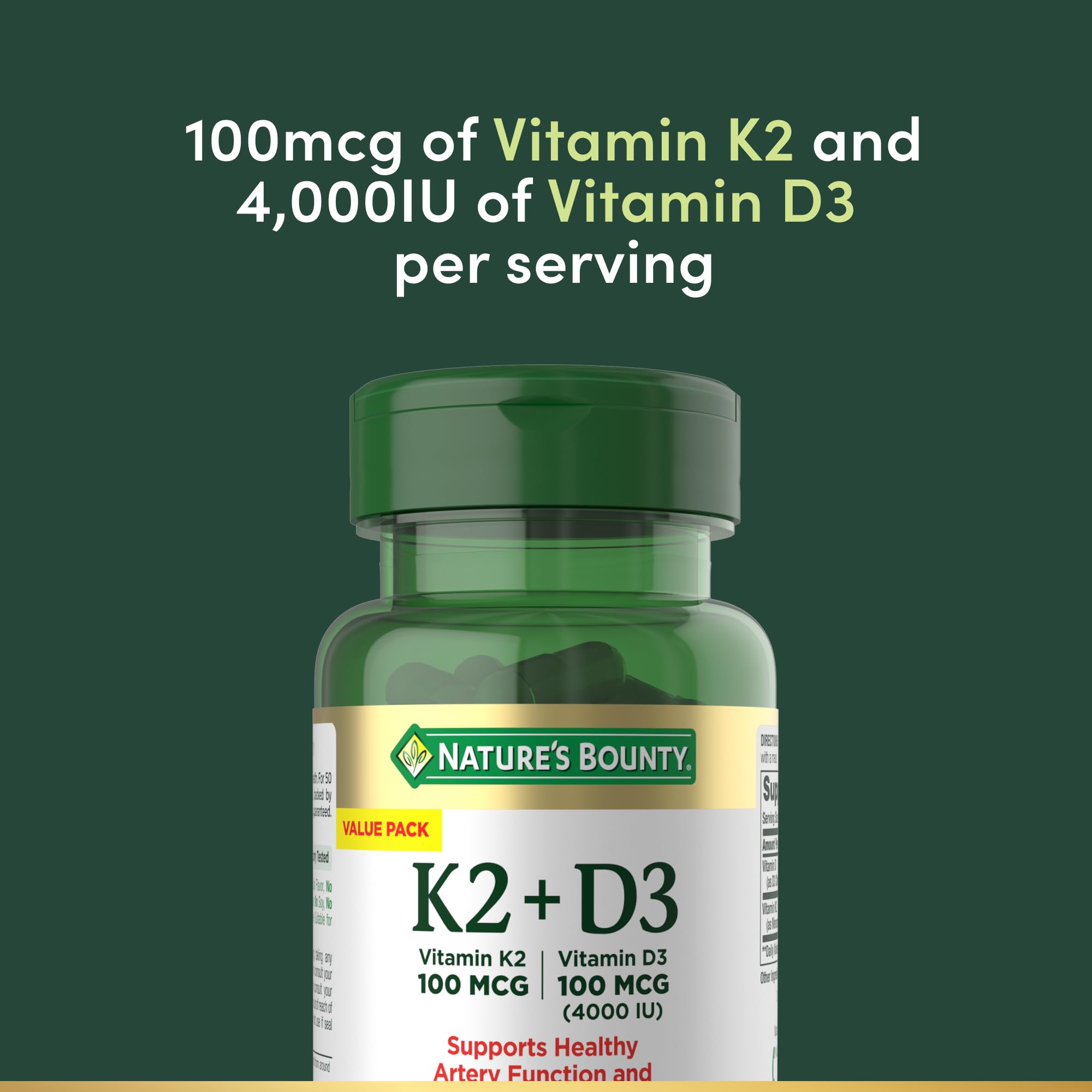 Nature’s Bounty label detail showing D3 and K2 amounts for transparency