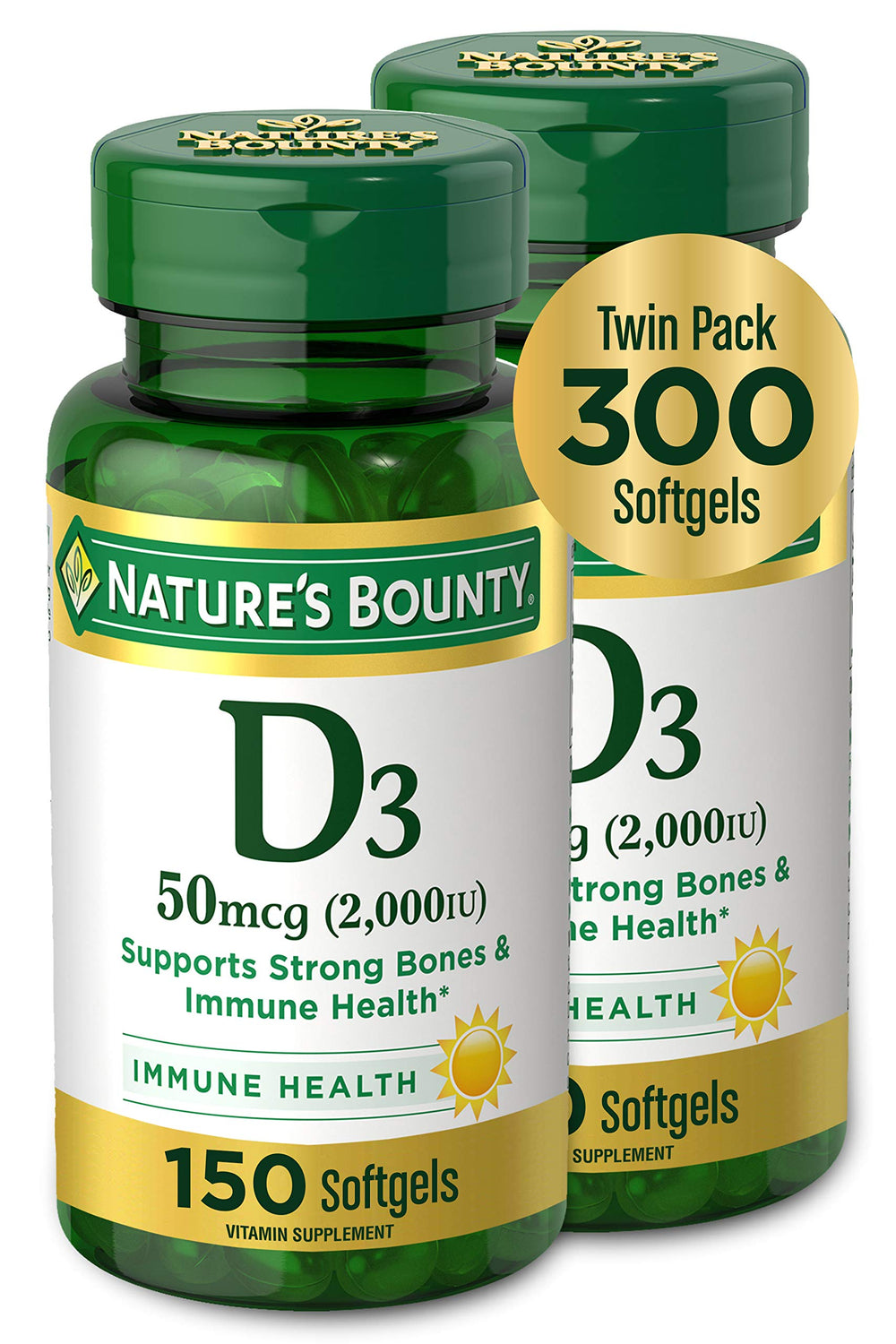 Nature's Bounty Vitamin D3 softgel front bottle for daily immune support and use.
