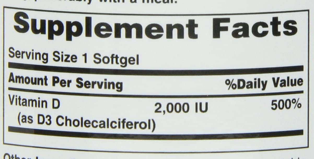 Nature's Bounty Vitamin D3 softgels bottle showing 2000 IU per serving.