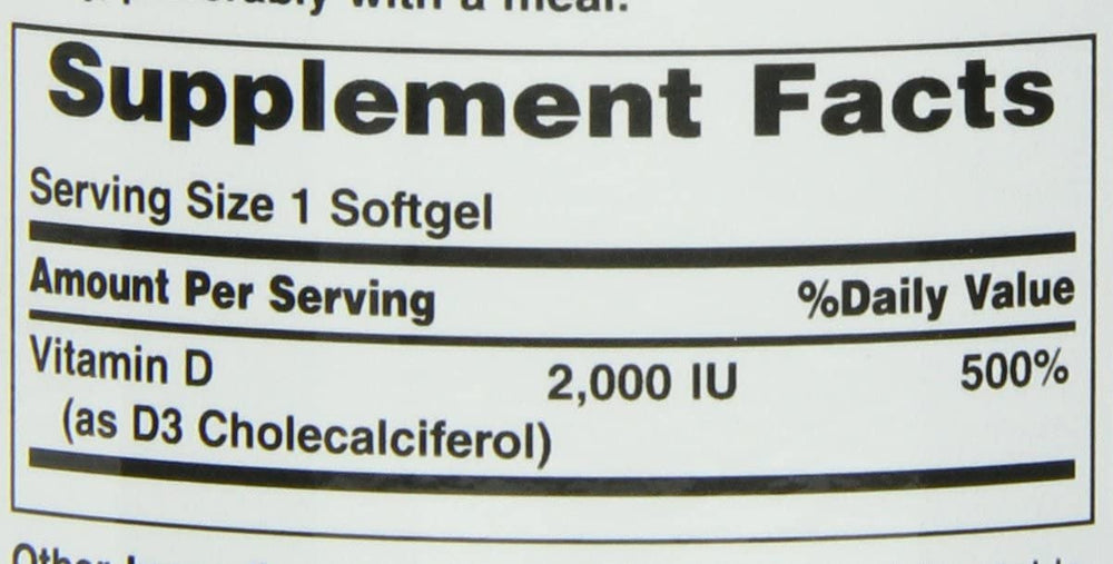 Nature's Bounty Vitamin D3 softgels bottle showing 2000 IU per serving.