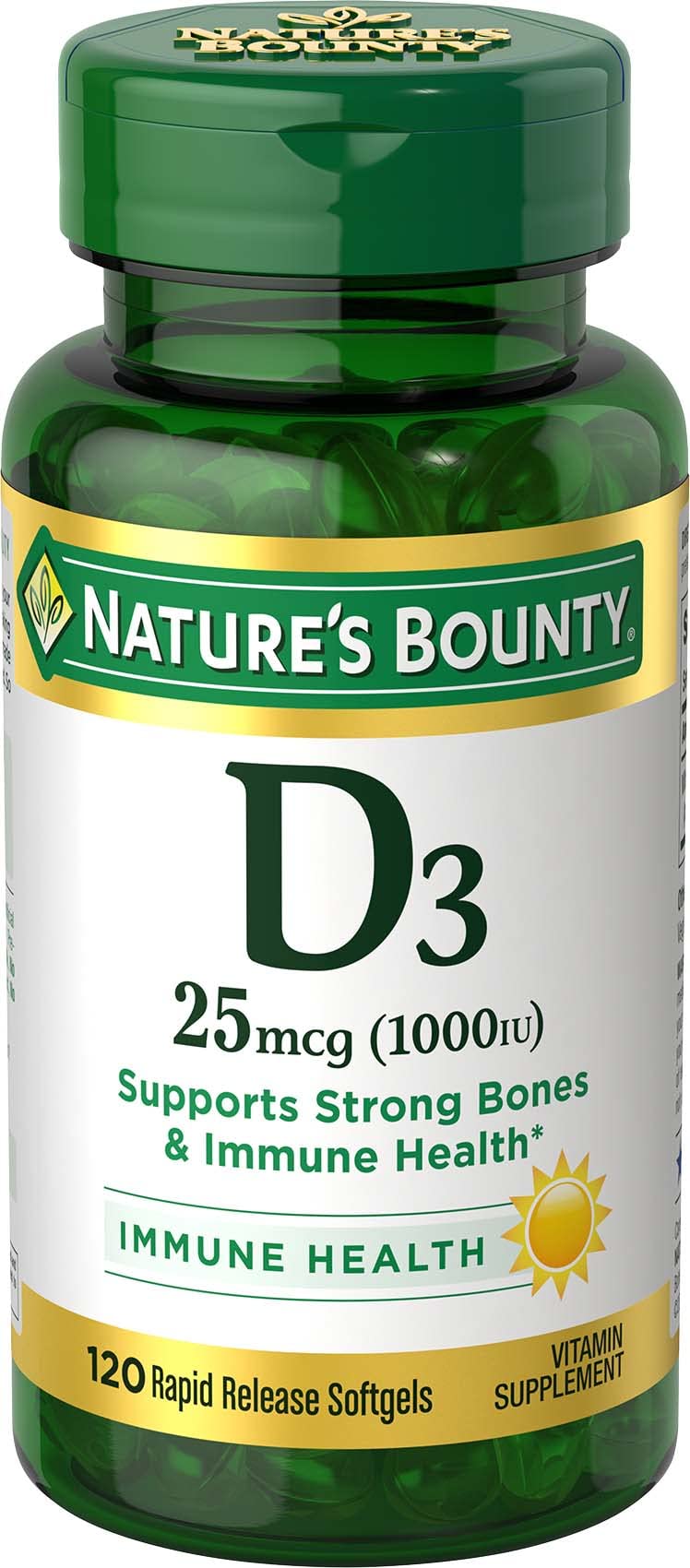 Nature's Bounty Vitamin D3 softgels bottle showing the product for immune and bone support.