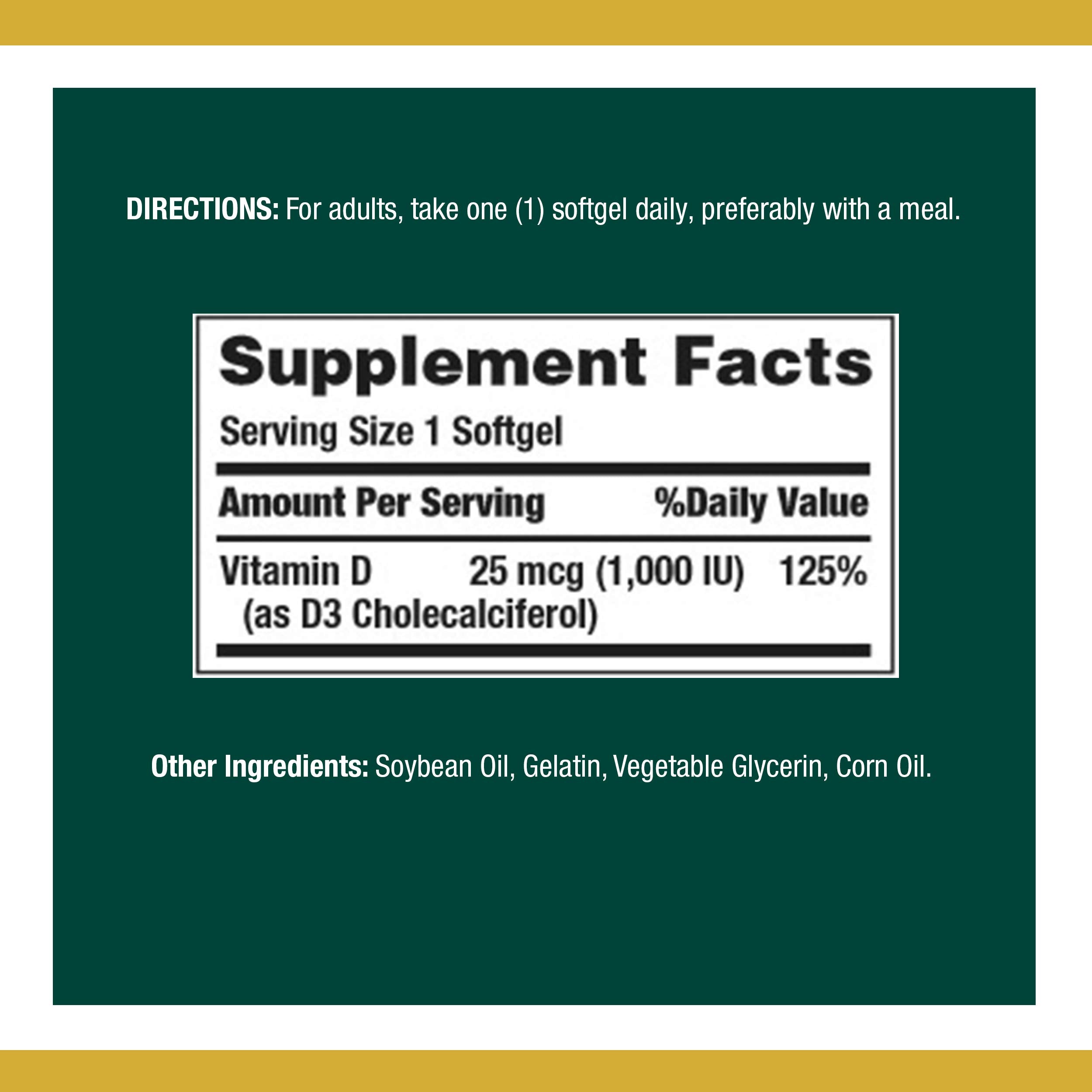 Nature's Bounty Vitamin D3 softgels closeup highlights easy-to-swallow dosage.