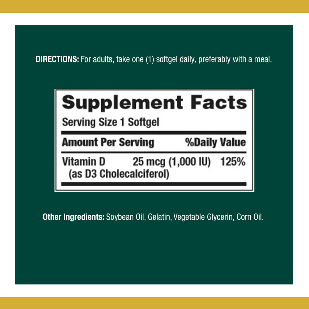 Nature's Bounty Vitamin D3 softgels closeup highlights easy-to-swallow dosage.