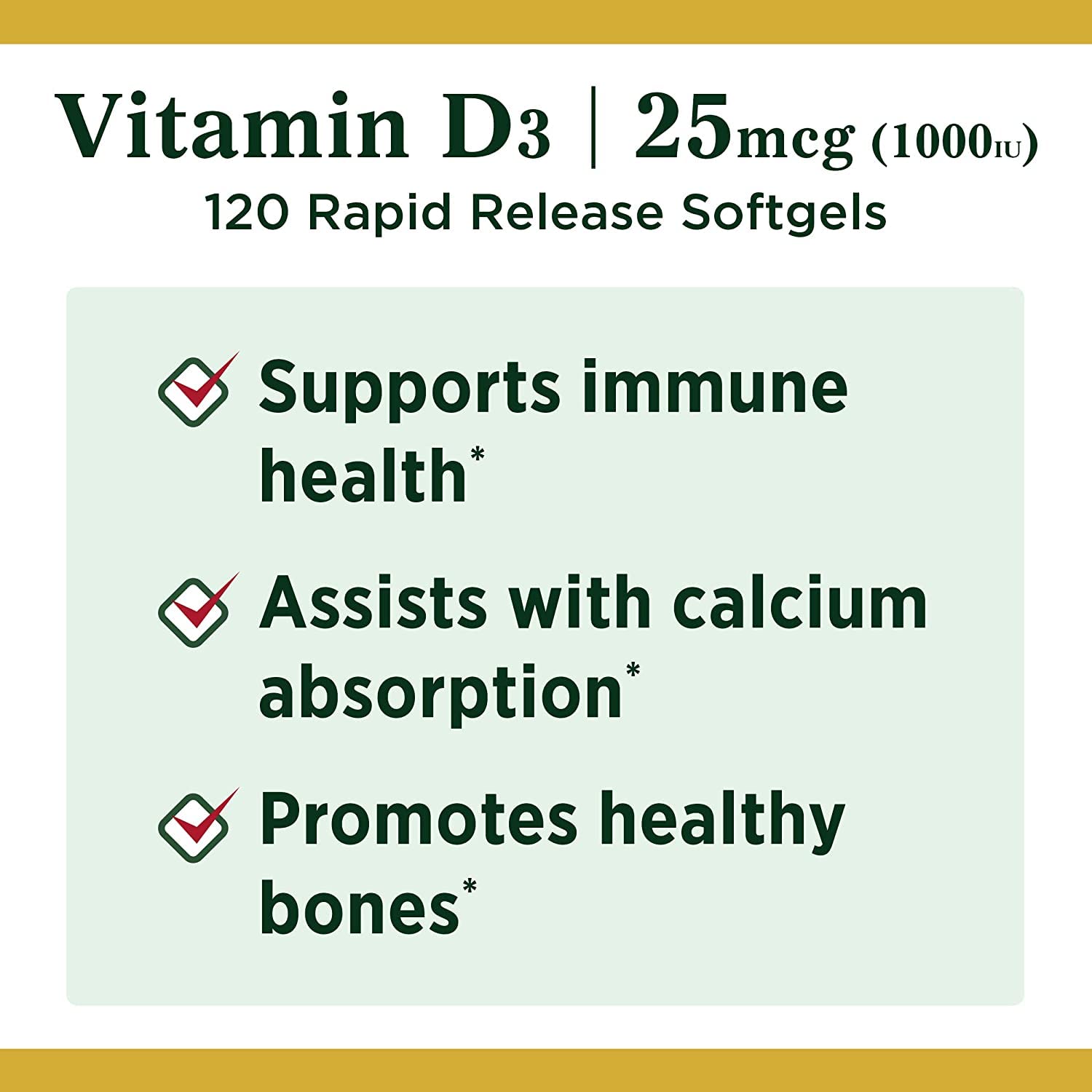 Close view of Nature's Bounty Vitamin D3 softgels in bottle.