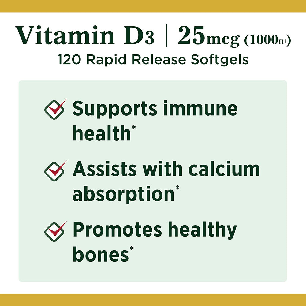 Close view of Nature's Bounty Vitamin D3 softgels in bottle.