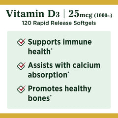 Close view of Nature's Bounty Vitamin D3 softgels in bottle.