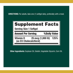 Nature's Bounty Vitamin D3 softgels closeup highlights easy-to-swallow dosage.