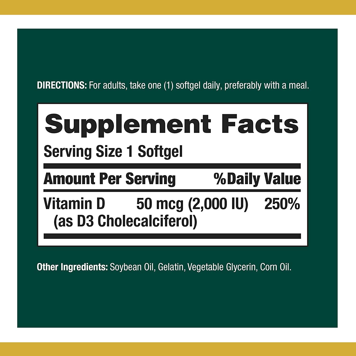 Nature's Bounty Vitamin D3 label closeup highlighting potency and dosing clarity.