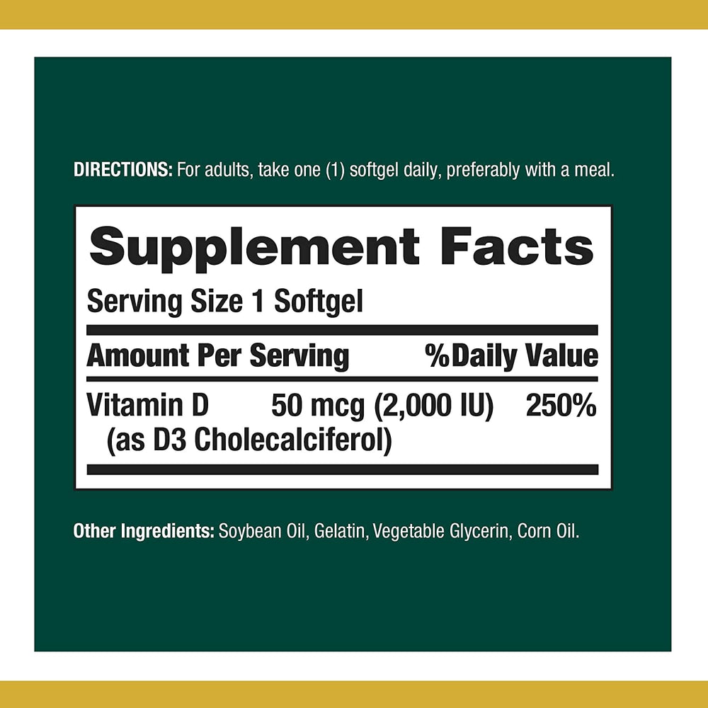 Nature's Bounty Vitamin D3 label closeup highlighting potency and dosing clarity.