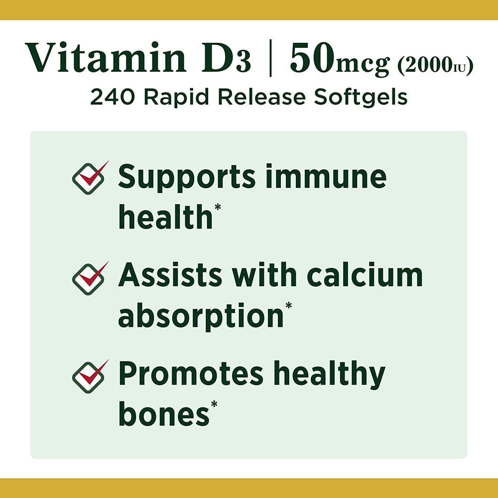 Nature's Bounty Vitamin D3 softgels being poured for simple daily supplementation.