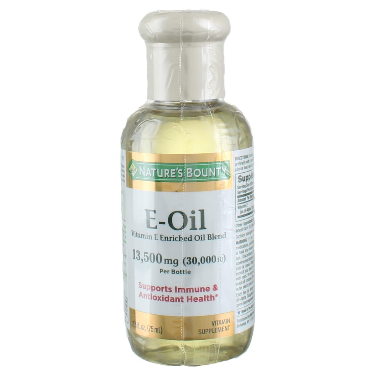Nature's Bounty Vitamin E-Oil 30,000 IU bottle for skin care and daily supplementation.