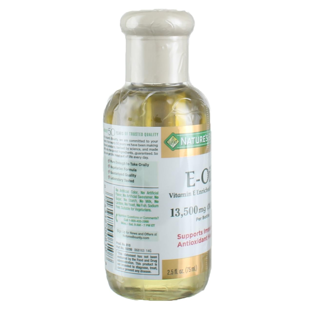 Nature's Bounty Vitamin E-Oil label close-up showing 30,000 IU strength.