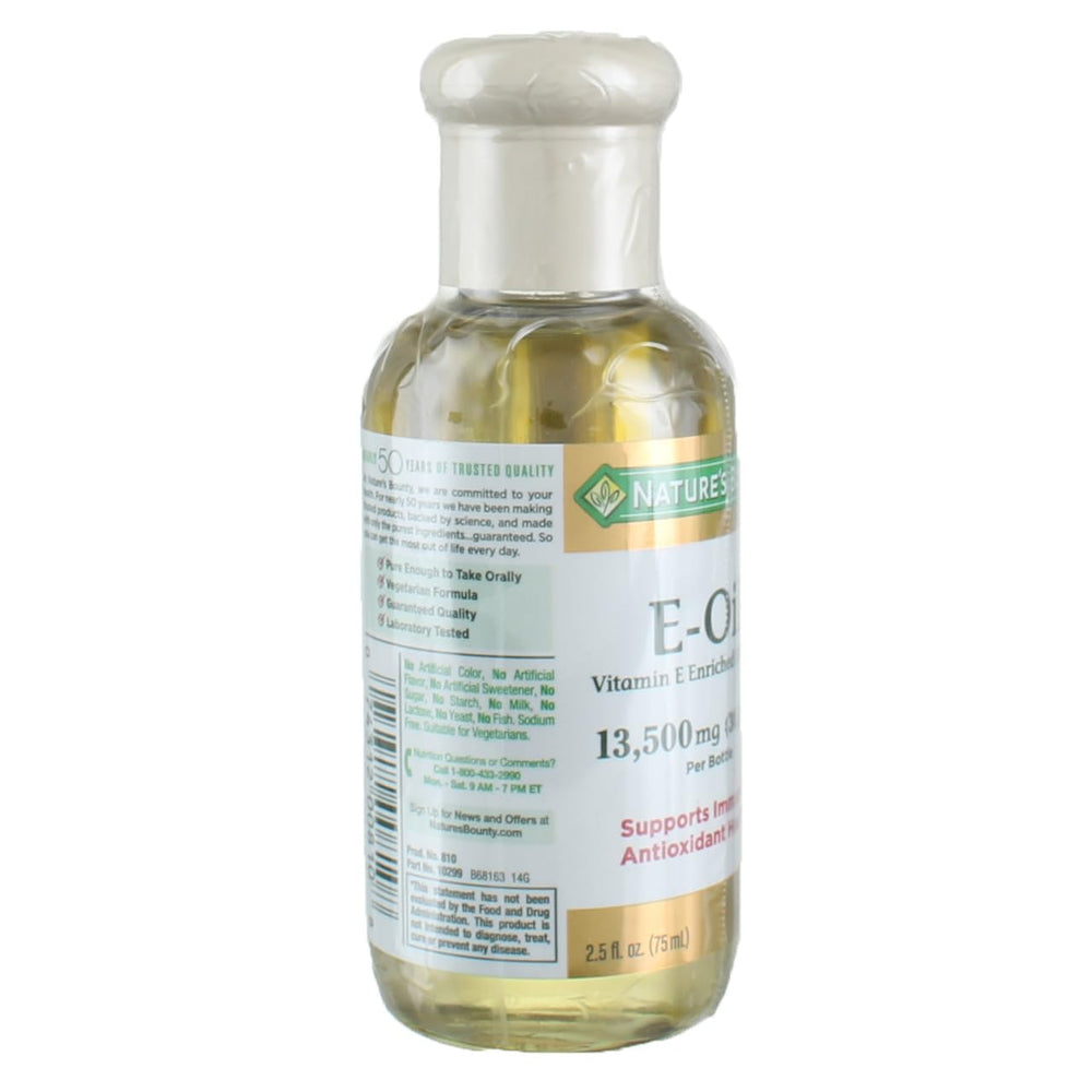 Nature's Bounty Vitamin E-Oil label close-up showing 30,000 IU strength.