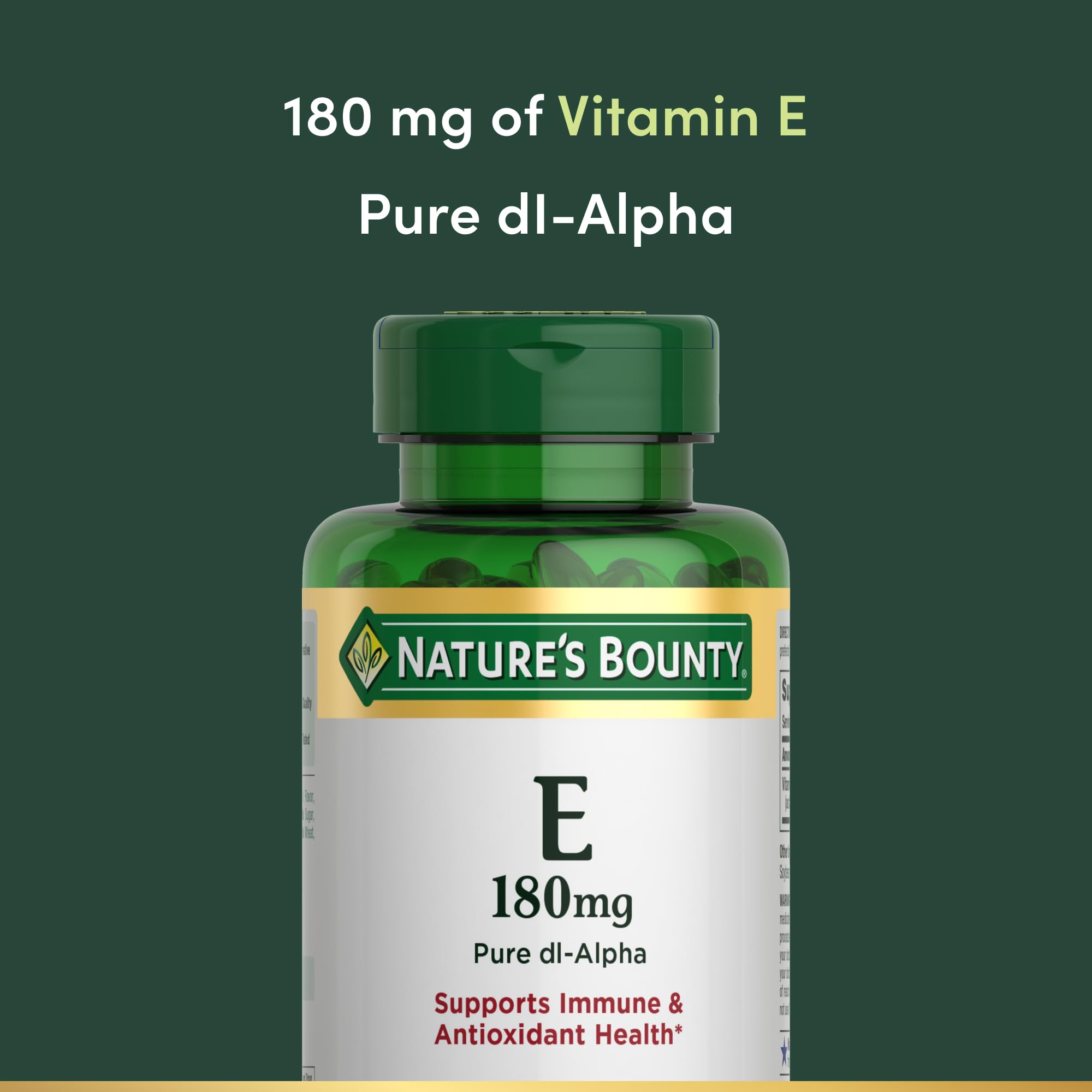 Nature's Bounty Vitamin E softgels label details ingredients and gluten-free, non-GMO attributes.