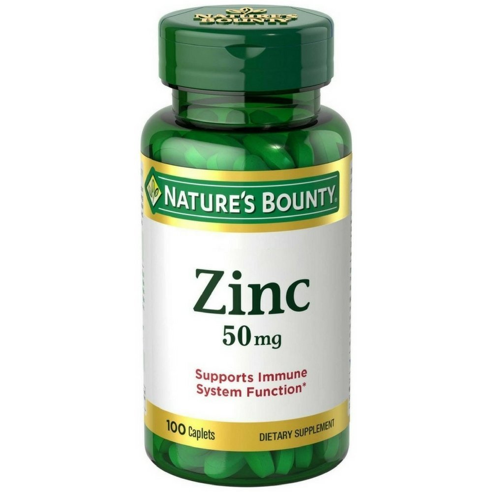 Nature's Bounty Zinc 50 mg caplets bottle front, supports immune health and antioxidant activity.